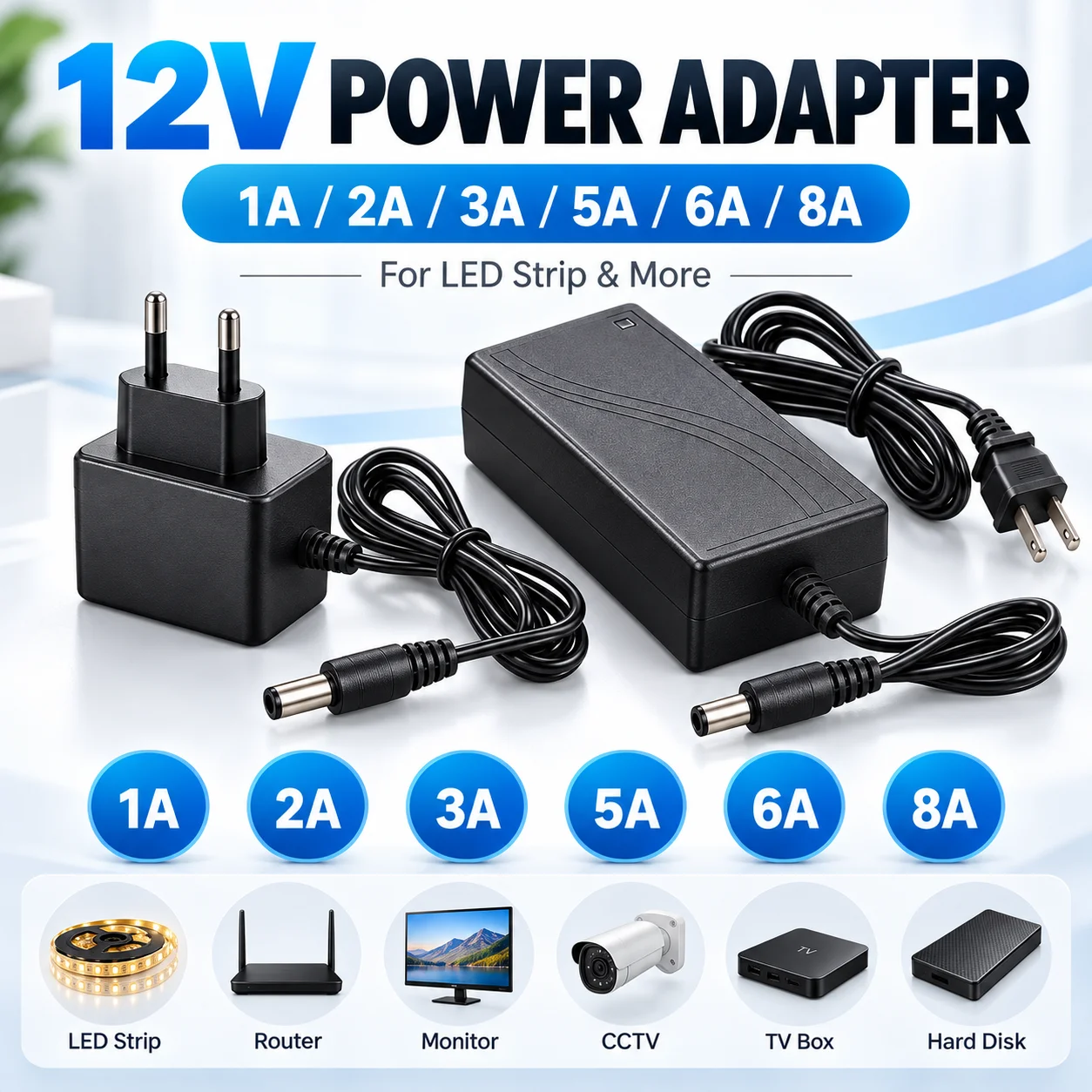 12V DC Power Adapter 1A 2A 3A 5A 6A 8A AC 240V Power Supply for LED Strip Lights CCTV Router 5.5x2.5mm EU US AU UK Plug