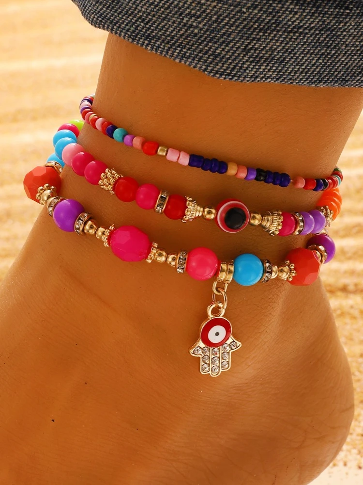 Ensemble de 3 pièces de cheville pour femmes, Style ethnique bohème, multicolore, perles, mauvais œil, breloque, accessoire de bijoux de pied de plage d'été