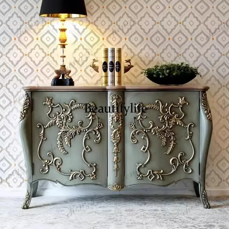 Z138 French retro entrance cabinet, solid wood carving, old wall cabinet, neoclassical medieval storage, dining side cabinet