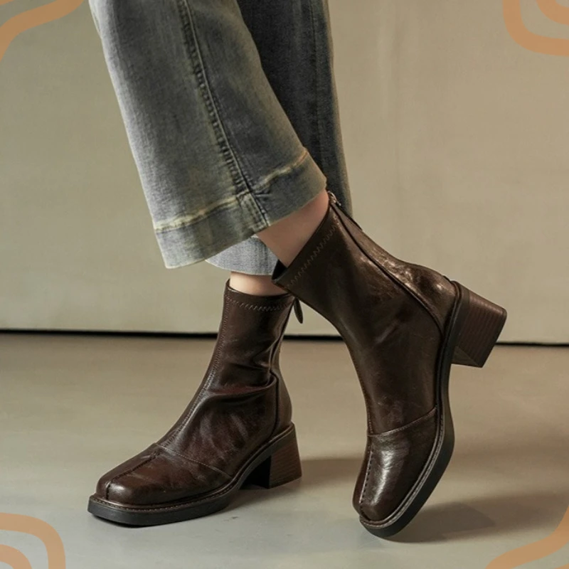 Retro Women's Boots Exquisite Square Toe Ankle Boots for Woman Classic Side Zipper Motorcycle Boot Designer Shoes Botas De Mujer