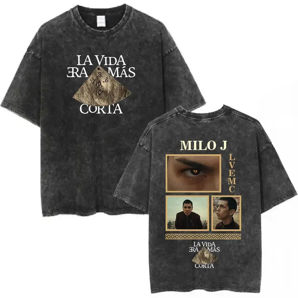Rapper Milo J La Vida Era Mas Corta Album Washed Vintage T Shirt Men Women Fashion Hip Hop Cotton Print T-shirt Fan Gifts Unisex