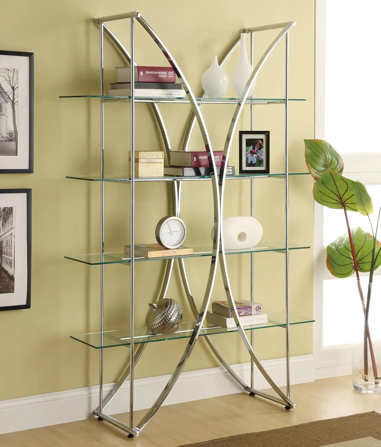 Contemporary Metal & Glass Bookshelf with 4 Shelves & Chrome Details for Home Office 73-Inch, Customized