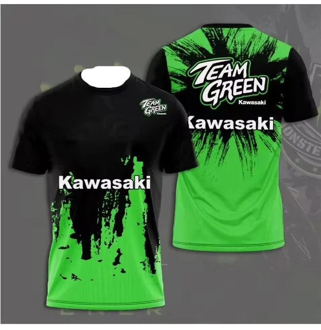 

2025 New Round Neck 3D Printed Men's T-shirt Kawasaki Motorcycle Uniform, Suitable for Daily Outdoor Sportswear, Sweat Wicking