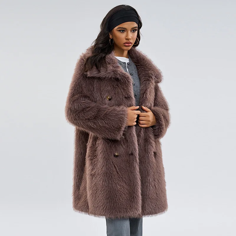 

Belted Winter Women Mink Fur Coat Vintage Fluffy Collar Double Breasted Eco Fur Coat For Lady Waist-cinching Slim Faux Fur Coat