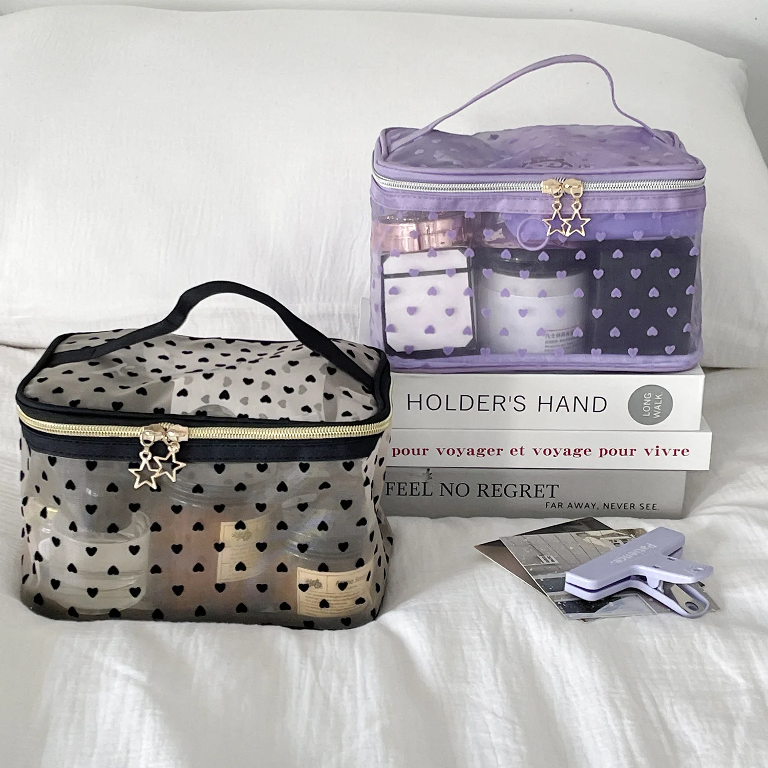 Flocked net gauze nylon hand-held makeup bag - portable, breathable, large-capacity, heart-shaped toiletry bag