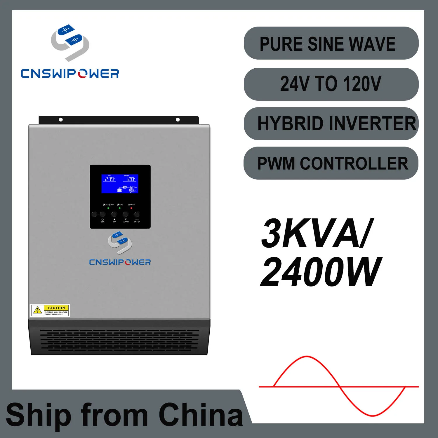 3000VA/2400W Hybrid Inverter Pure Sine wave with AC Charger Solar Charger Controller PWM PV input DC 24V to AC 120V