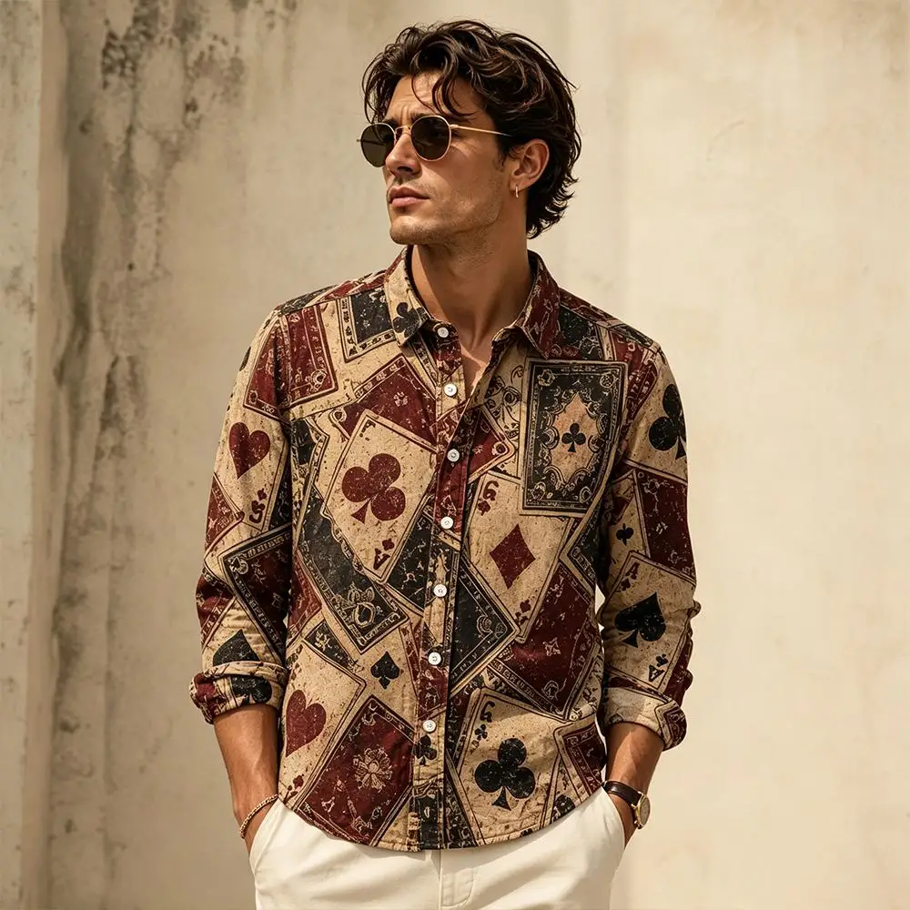 Men's Cotton Vintage Playing Card Print Long Sleeve Shirt Retro Graphic Button Down Casual Streetwear Tops Holiday Party Outfit