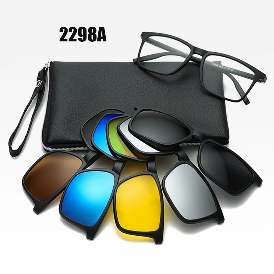 6 In 1 Spectacle Frame Men Women With 5 PCS Clip On Polarized Sunglasses Magnetic Glasses Male Computer Optical 2298