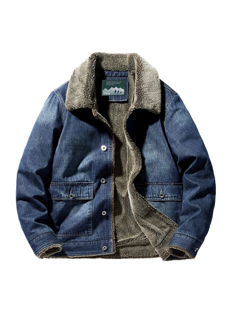 

Thickened Fleece Lined Retro Denim Jacket Autumn Winter Warm Cotton Outerwear Large Size Collar up Cotton Clothes for Men