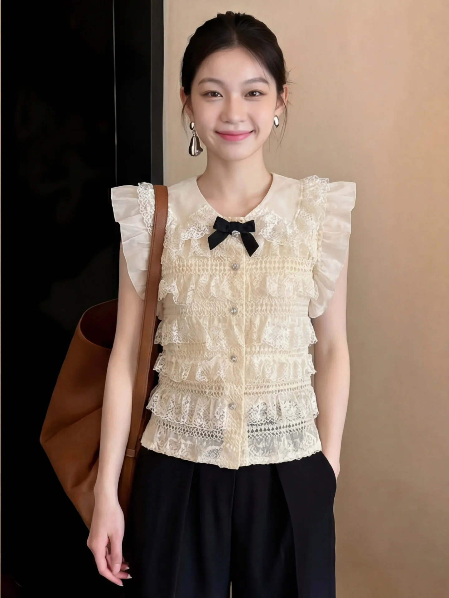 Sweet Girl's Summer Shirt Lace Splice  Knot Small Fly Sleeve Doll Collar Top Korean Style Commute Thin Fabric Blend