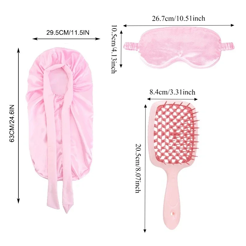 قبعة نوم حريرية طويلة مقاس XL، قبعة نوم كبيرة الحجم من الساتان، حزام فضفاض وضيق مع رقعة عين للنوم ومشط مجوف للتدليك مضاد للكهرباء الساكنة