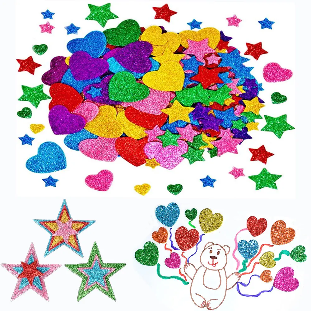 50/200pcs Color Flash foam Star Heart shaped Sticker Self Sticker Children's Reward Sticker Classic Toy Children's Gift