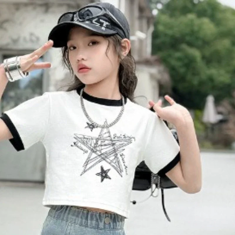 

2025 New Children's Summer Contrasting Pentagram Pattern Round Neck Cotton Short Top