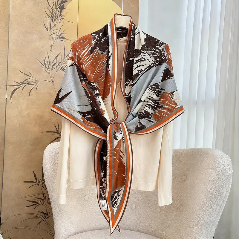 Women's 70% Wool 30% Silk Square Scarf Abstract Art Print Bandana Soft Warm Neck Shawl Retro Color Block Neck Wrap for Fall