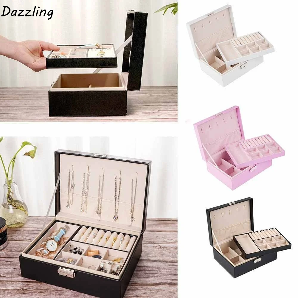 

2 Layer Double-layer Jewelry Box PU Leather Elegant Leather Jewelry Organizer Dustproof with Lock Jewelry Display Case Bedroom