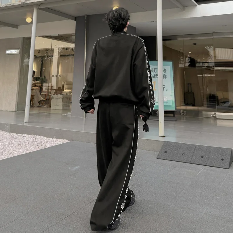WVGA 2026 Spring Autumn New Men's Beaded Trendy Zipper Long Sleeve Jacket Niche Chic Casual Wide-Leg Pants Two Pieces Set W27080