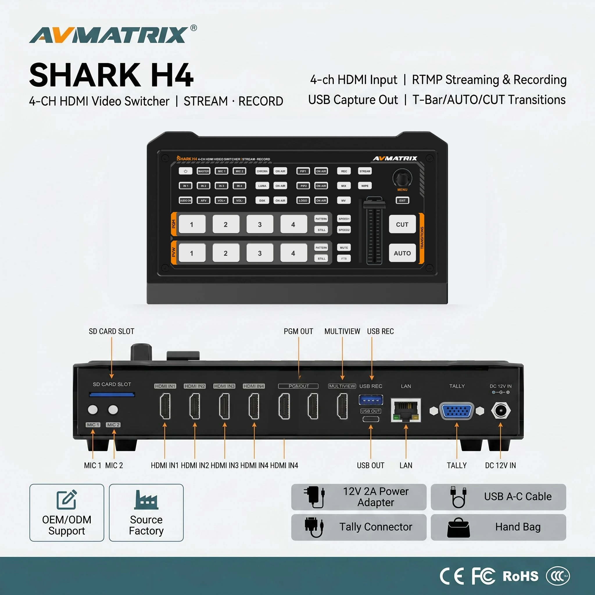 AVMATRIX Shark H4: 4-Channel HDMI Live Stream Video Switcher RTMP/SRT Streaming SD/USB Record UVC Capture for Church Broadcast