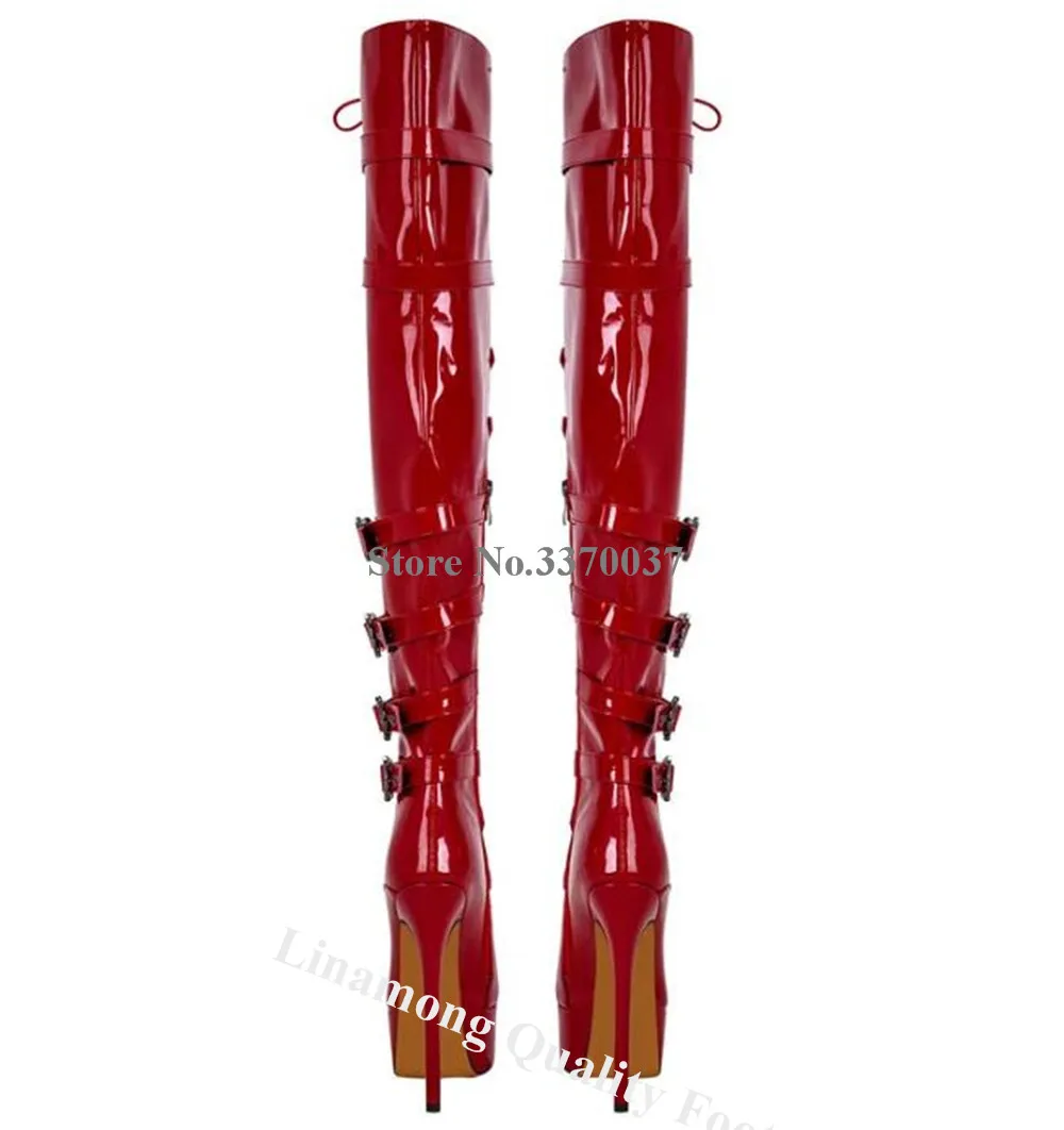 Linamong Newest Patent Leather Stiletto Heel Metail Rivets Over Knee Boots Round Toe Red Black Wine Red High Platform Long Boots