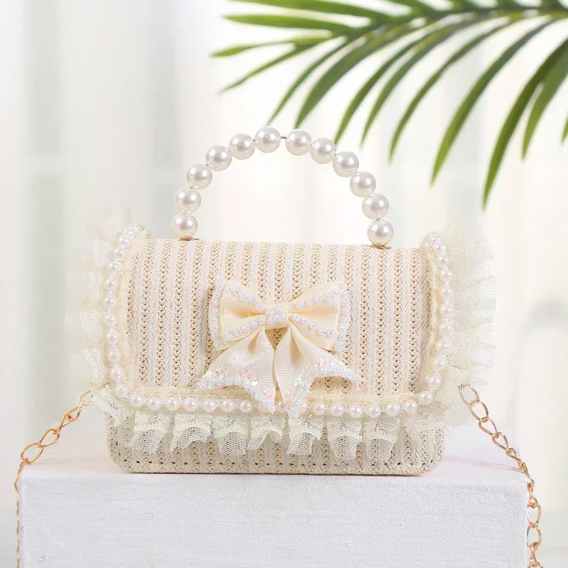 Cute Lace Bow Flower Mini Handbag Children Girls Straw Small Shoulder Bag Simple Pearl Princess Coin Purse Ladies Messenger Bag