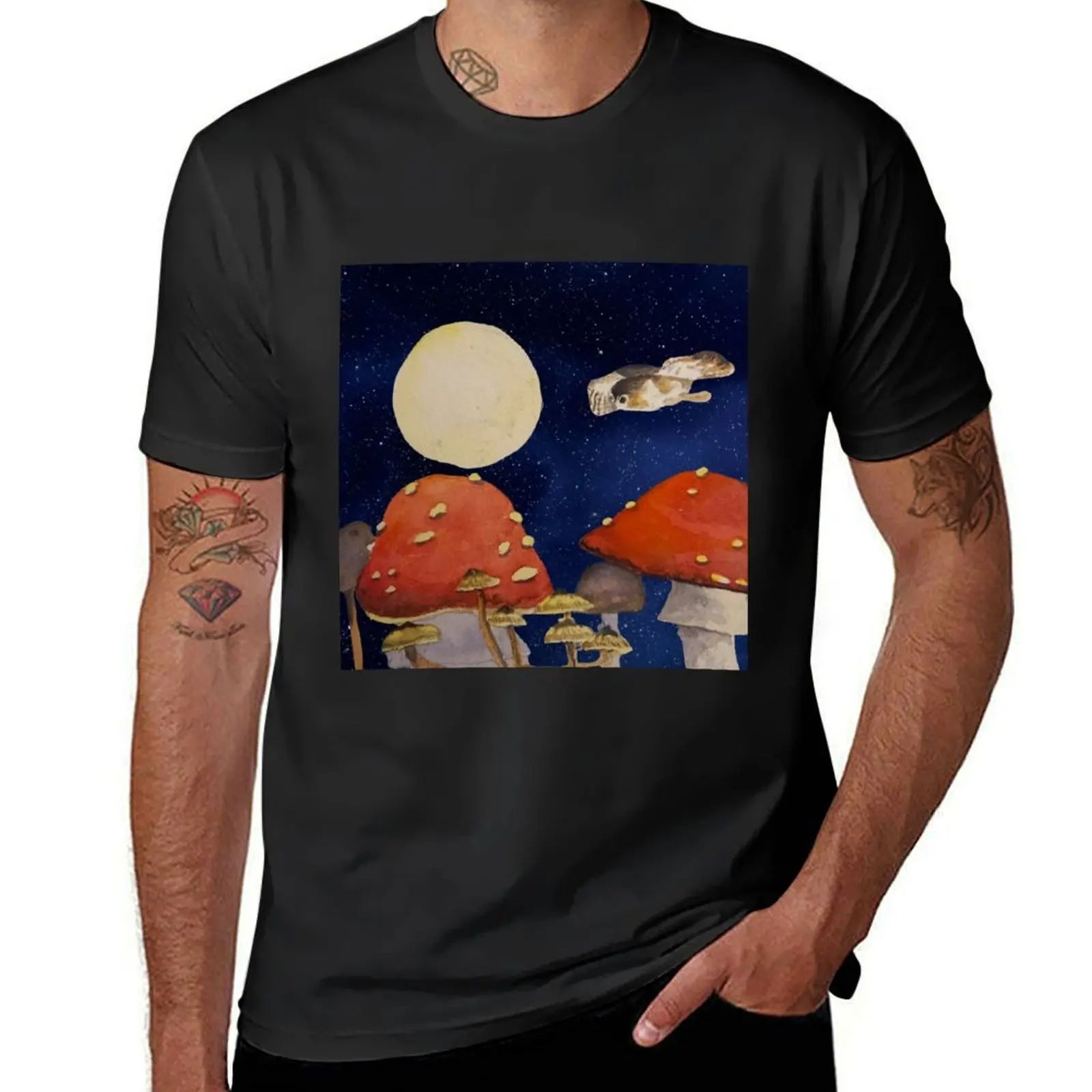 Starry Mushrooms, Moon and Owl T-Shirt hippie clothes animal prinfor boys graphics mens graphic t-shirts anime