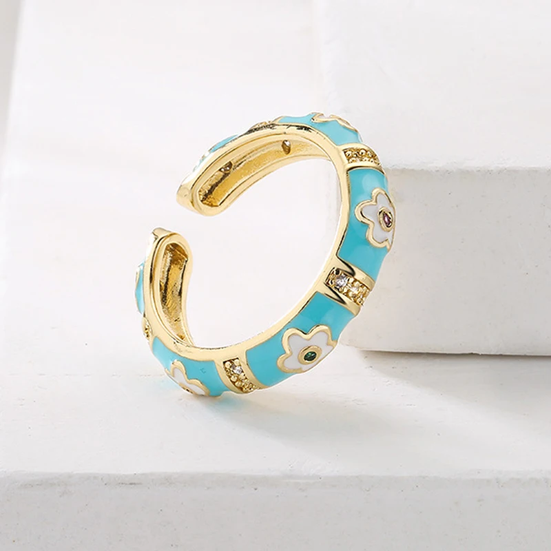 Bohemia Zircon Floral Finger Rings for Women Enamel Color Adjustable Opening Rings Geometric Rings Female Jewelry Gifts