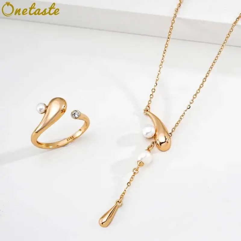 925 Sterling Silver Pearl CZ Curve Teardrop Jewelry Sets With Lariat Necklace And Open Ring For Women Dainty Trendy Party Gift