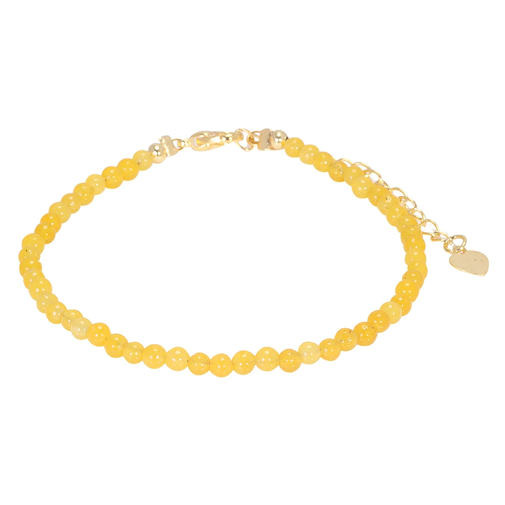 Natural Yellow Jade Thin Beaded Bracelet for Women Luck Bracelet Simple Design 925 Silver Chain Adjustable Handmade Jewelry