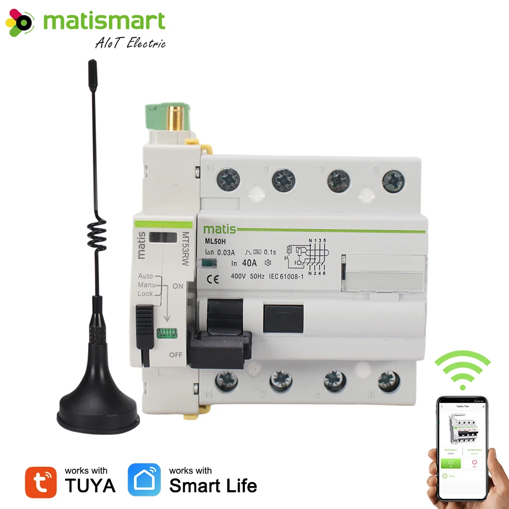 Matismart Type A RCCB 4P Compatible With Tuya Smart Wifi Auto Recloser 40A 63A 30mA 100mA 300mA