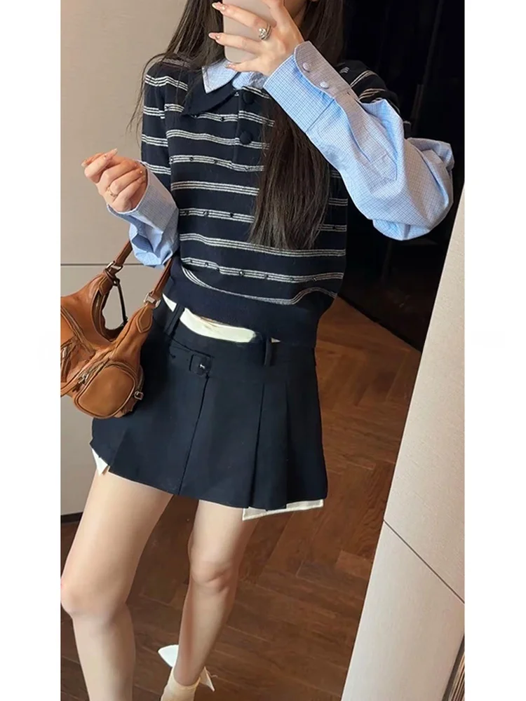 

Faionable Striped Wool Blend Knitted irt Women's Top with Tie Collar Mixed Fabric Ensemble Mimius Brand Autumn Winter Spr...