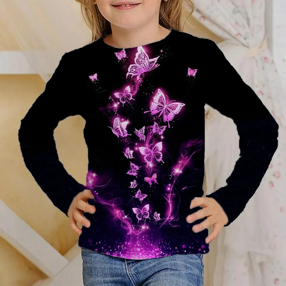 T-shirt à manches longues pour fille de 4 à 12 ans, vêtement noir brillant avec papillon, mode automne 2023