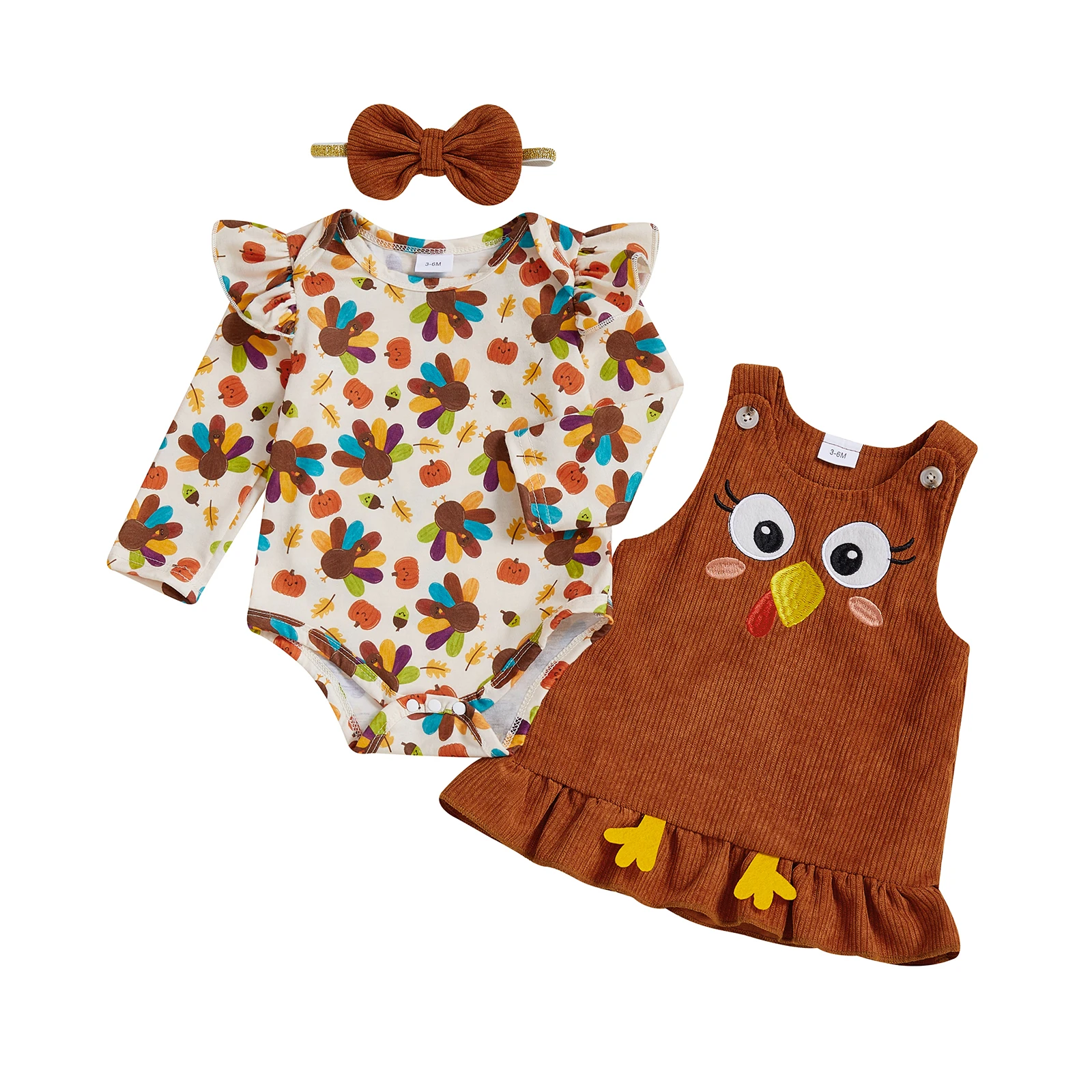 

Baby Girl Thanksgiving Outfit Turkey Print Long Sleeve Romper Sleeveless Dress Bow Headband 3 Piece Set