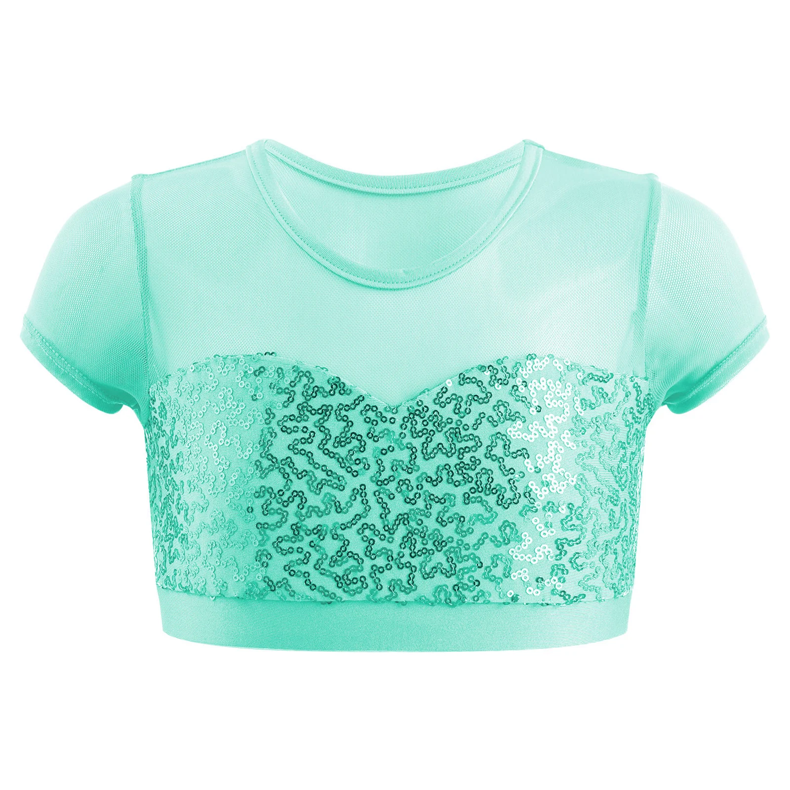 

Kids Girls Crop Tank Top Sequins Mesh Short Sleeve Dance Tops For Gymnastic Ballet Dancewear Sports Workout Crop T Shirt Top