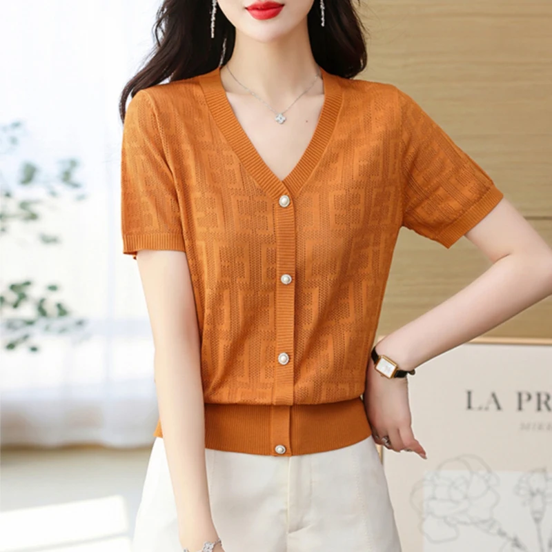 Women\'s Hollow V Neck Short Sleeve Elegant Knitted T-shirts Summer Fashion Solid Chic Beaded Loose Pullover Tops Ropa Camisetas