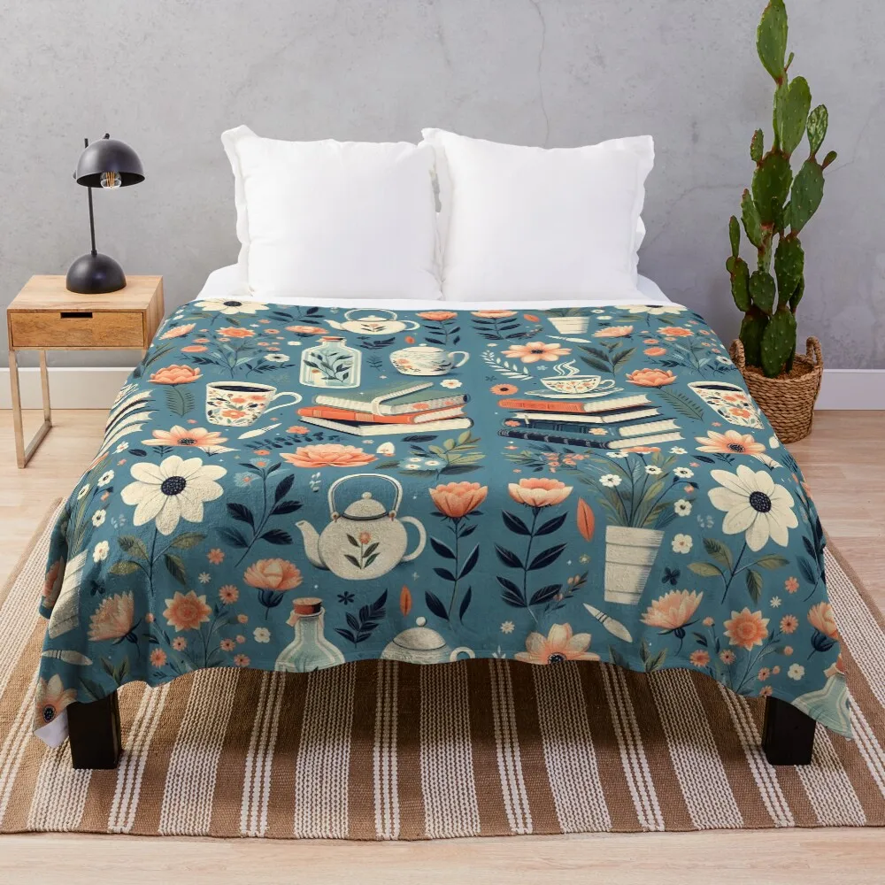 

flowery books and tea pattern design for Versatile projects Throw Blanket Furry Tourist Cute Luxury Thicken Blankets