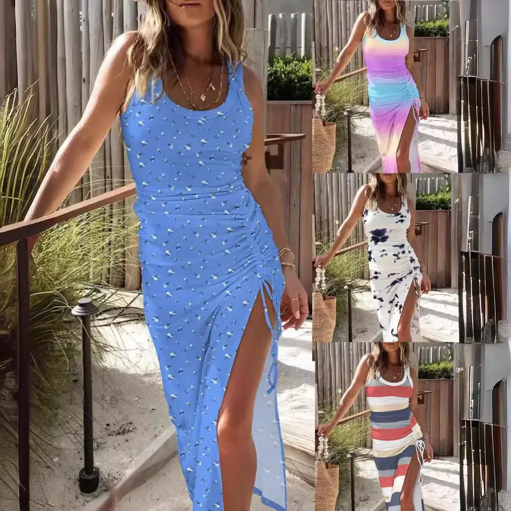 

LIBIELIY Women Summer Slim Hole Vintage Strap Ruffles Sexy Split Vest Tank Sleeveless Befree Dress Maxi Elegant Elegant Party Dr