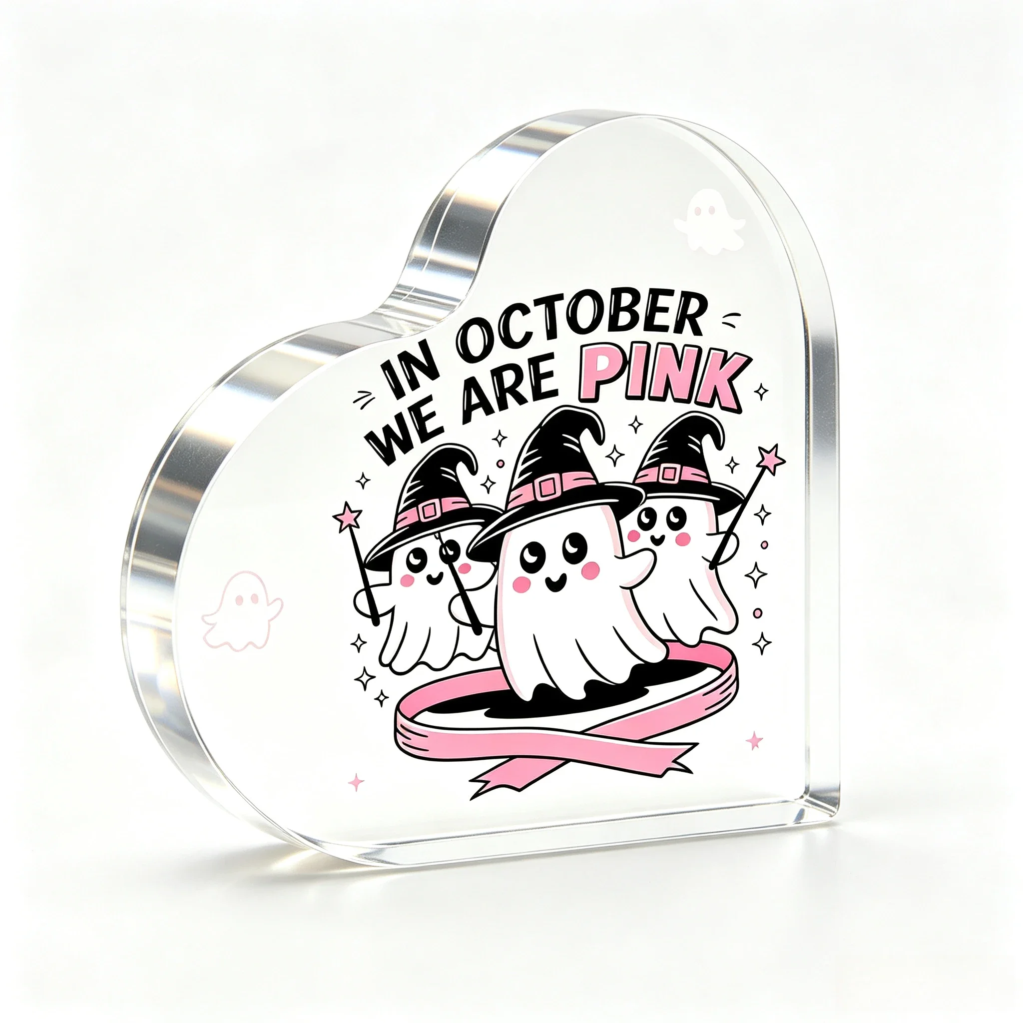 In October We Are Pink Ghost Heart‑Shaped Acrylic Plaque, Breast Cancer Awareness Decor