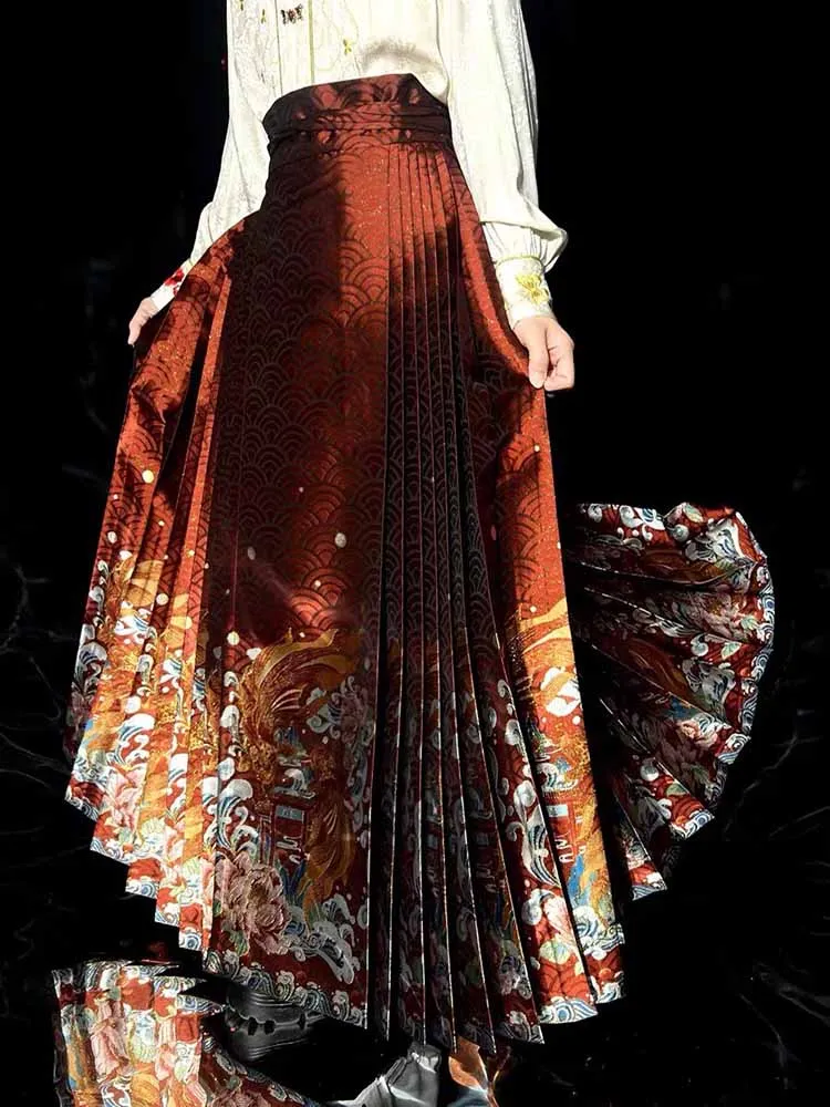 Red Chinese Horse Face Skirt, Ming Dynasty Style Jacquard Pleated Maxi Skirt, Traditional Hanfu A-Line Skirt with Dragon Pattern