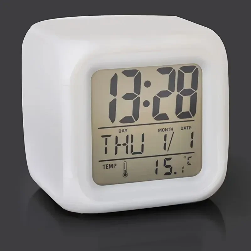 LED Digital Alarm Clock Mini Desk Cube Clock with Colorful Lights and Multiple Modes Multifunctional Glow Desk Clock Battery