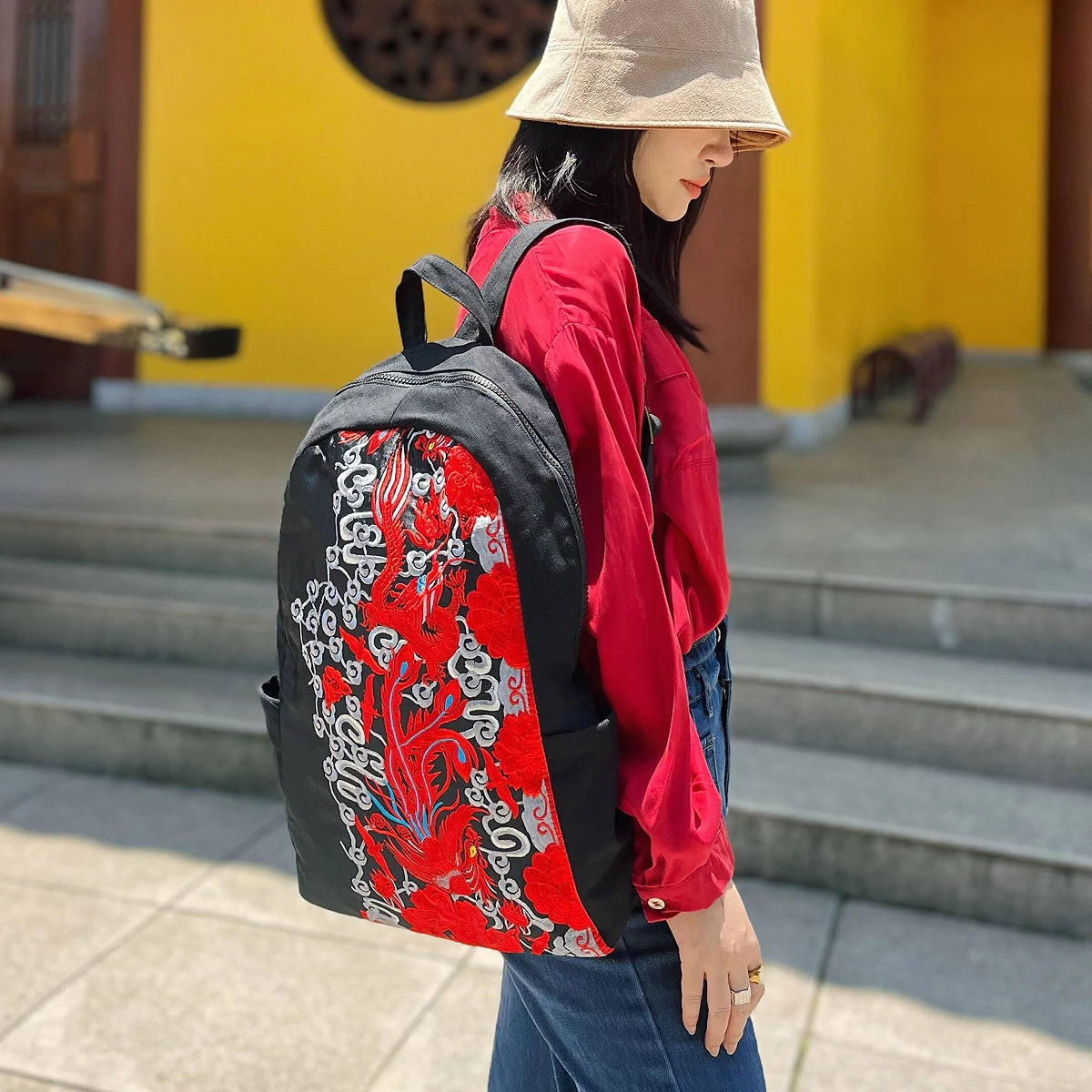 National style women's bag-backpack embroidery canvas Black backpacks Vintage large capacity school backpack luxury bags