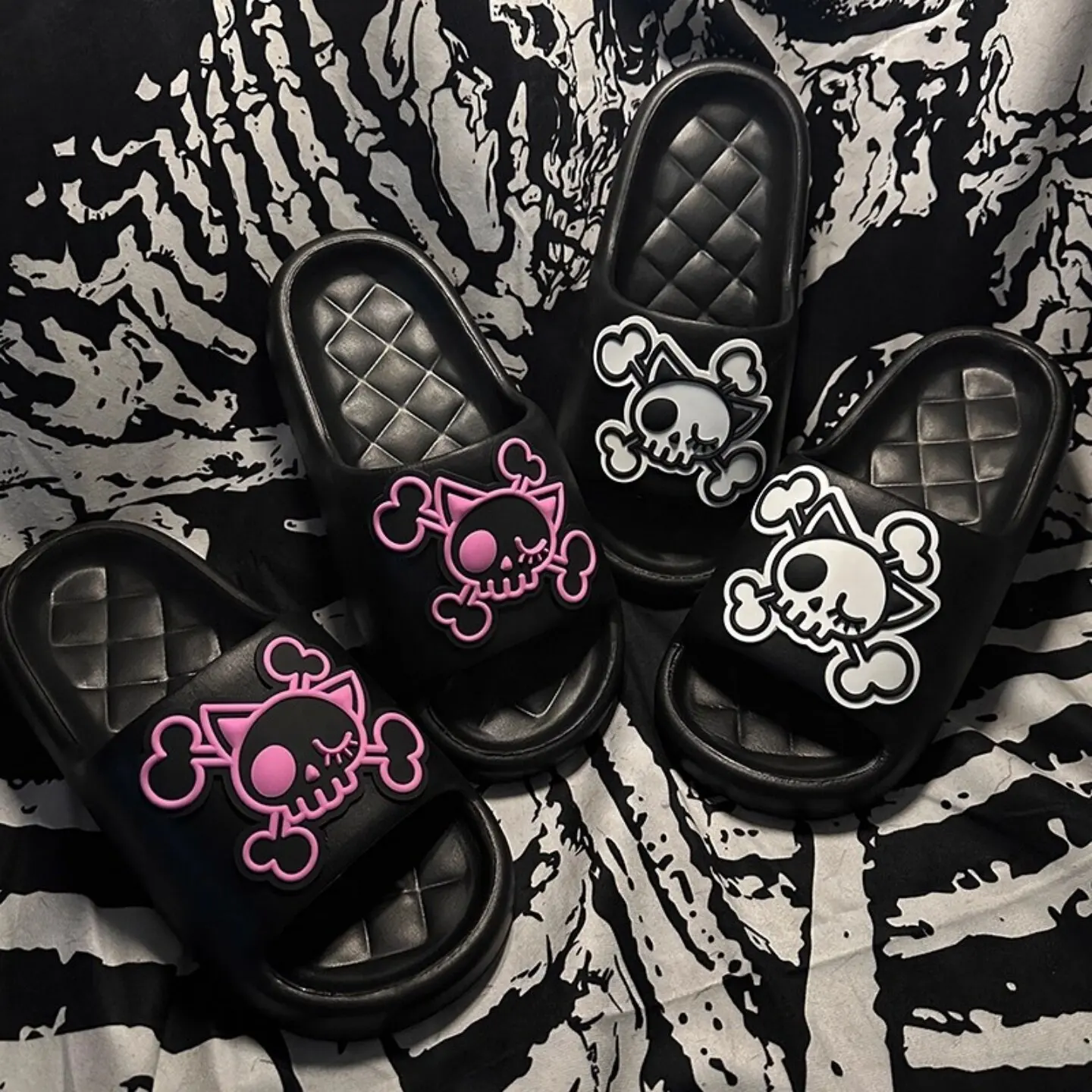 

Skull Dark Cute Gothic Subculture Y2k Flat Bottom Eva Slippers Women's Home Soft Bottom Waterproof Cool Slippers Summer