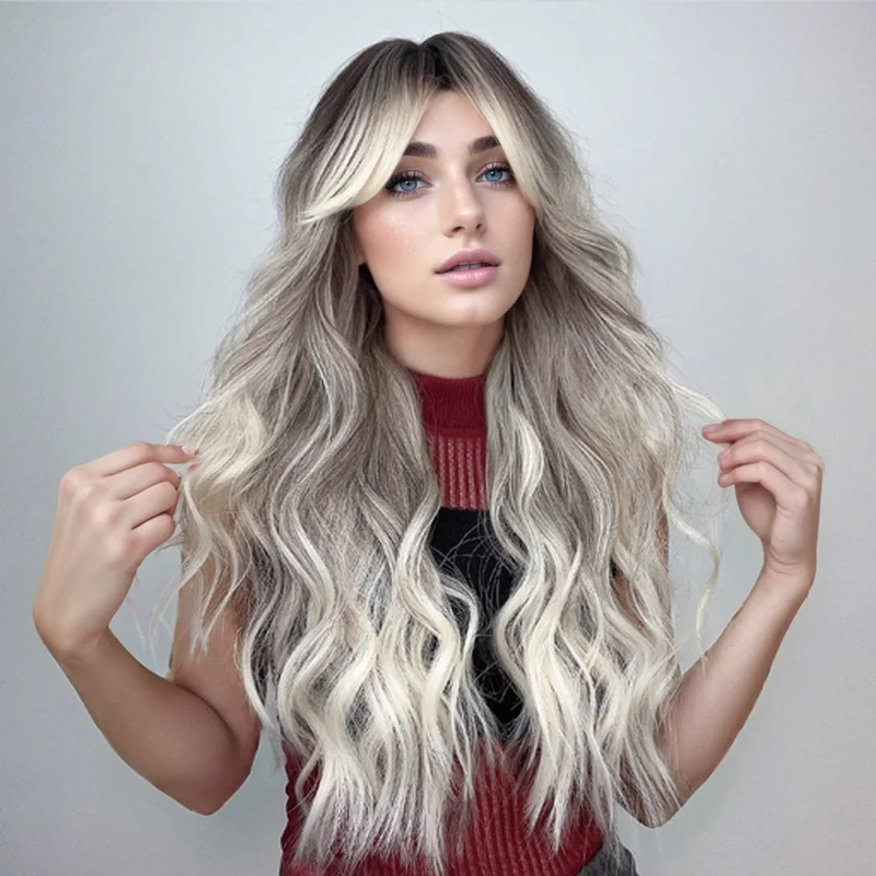 Synthetic Wigs Long Curly Wavy Gray Ash Brown Blonde Ombre with Bangs Cosplay Natural Hair Wig for Women Afro Heat Resistant Use