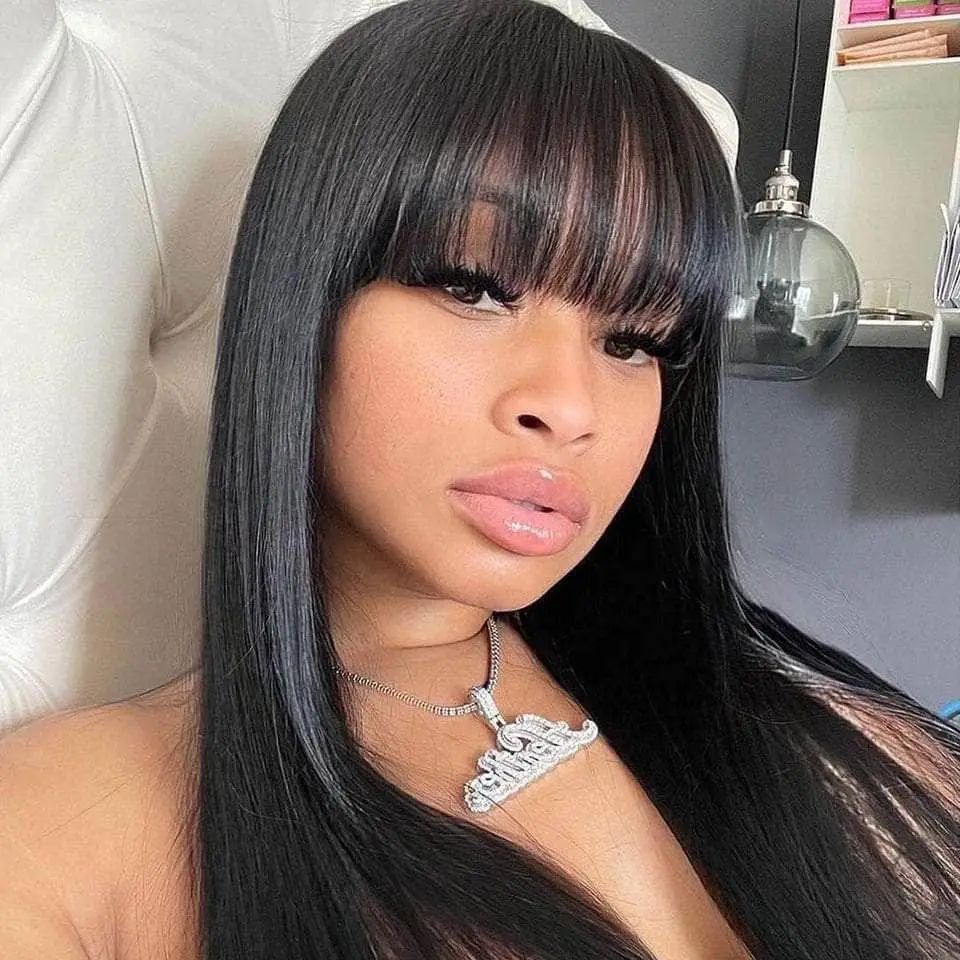 28 30 Inch Middle Part Lace Wig Bone Straight Human Hair Wig With Bangs Full Machine Made Straight Human Hair Wigs For Women