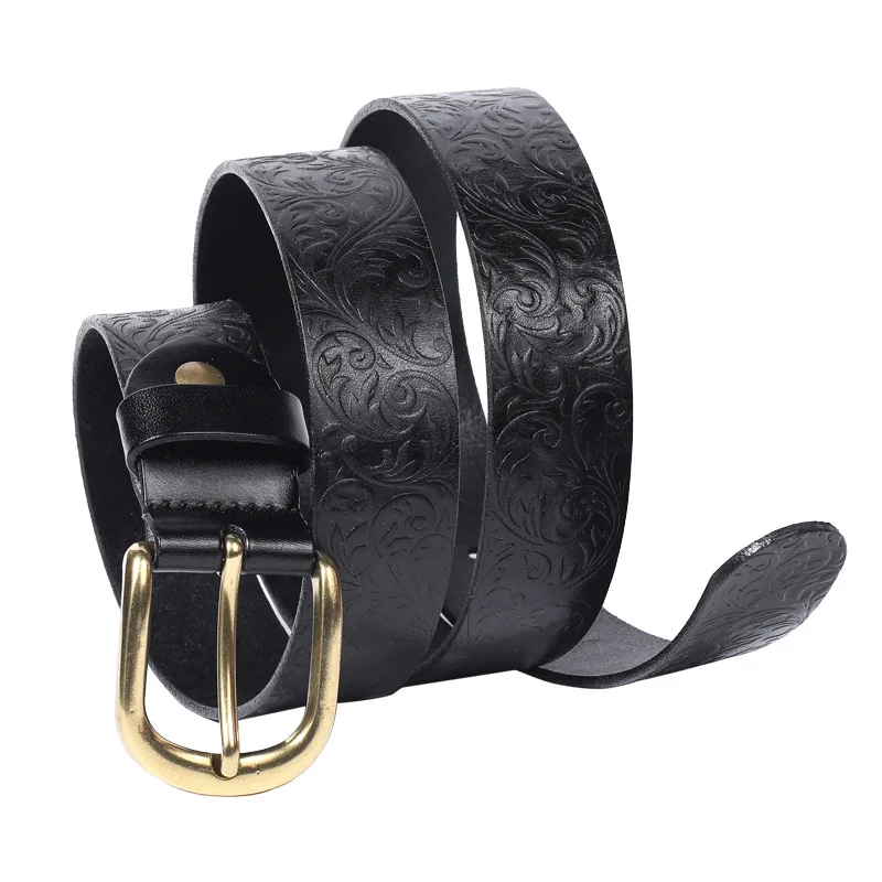 35mm Women's Embossed Head Layer Cow Belt Personalized Belt Women's Red Ethnic Style Art Retro Pin Buckle Cowskin belt