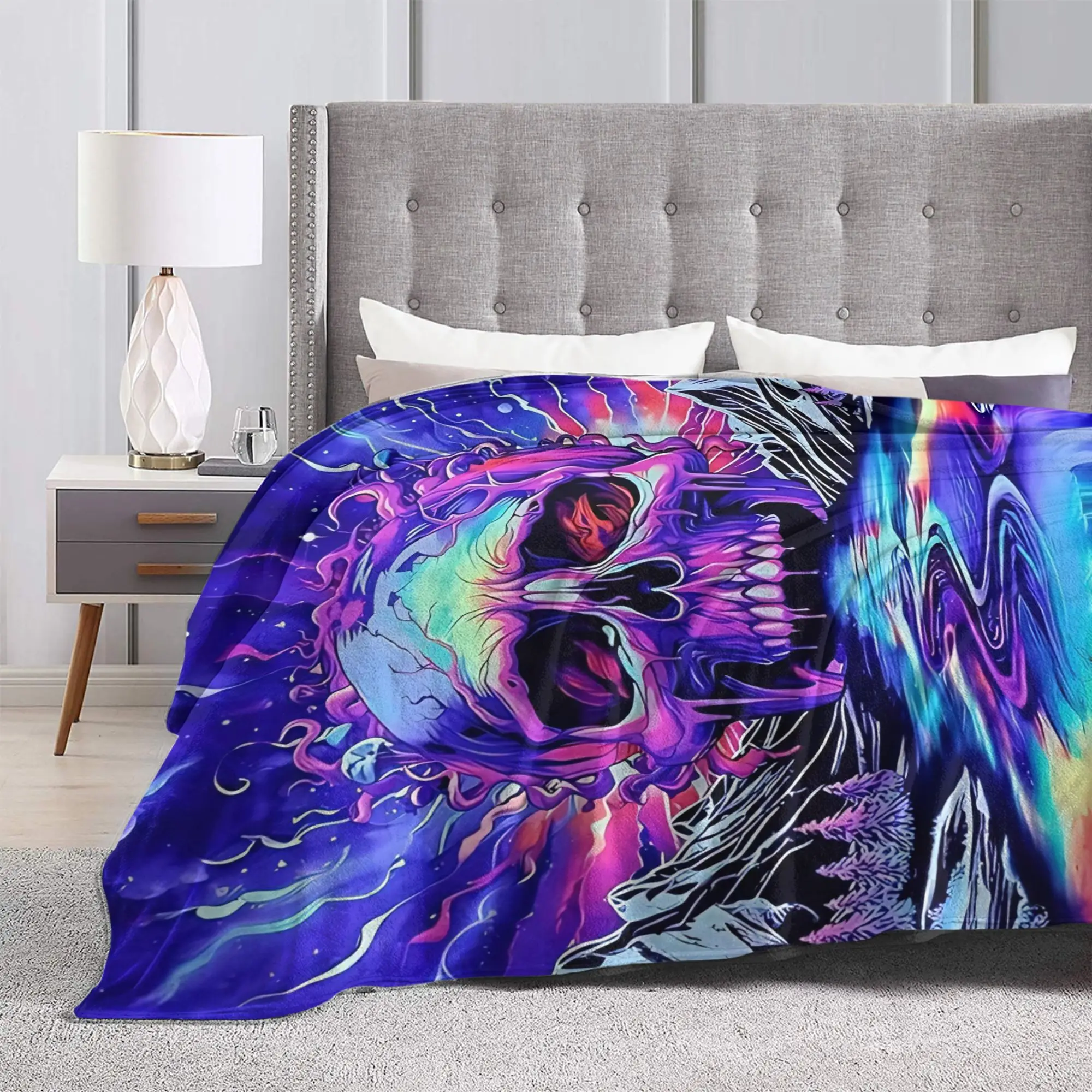 Skull Galaxy Mountain Fleece Throw Blankets Skeleton Halloween Blankets for Sofa Couch Soft Quilt