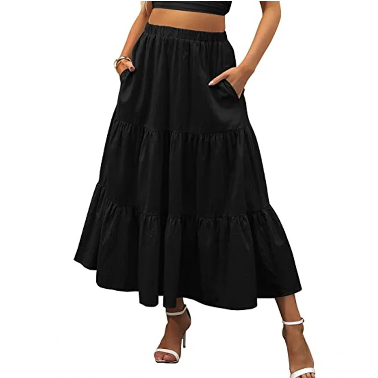 

Women Boho Long Skirt Y2k Elastic High Waist Ruffle Pleated Swing Maxi Skirt Casual Tiered Prairie Flowy Aline Skirt