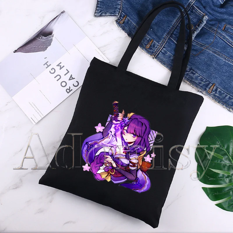 Genshin Impact Raiden Harajuku Style Print Ladies Casual Shoulder Black Tote Bag Large Capacity Printed Canvas Female Handbag