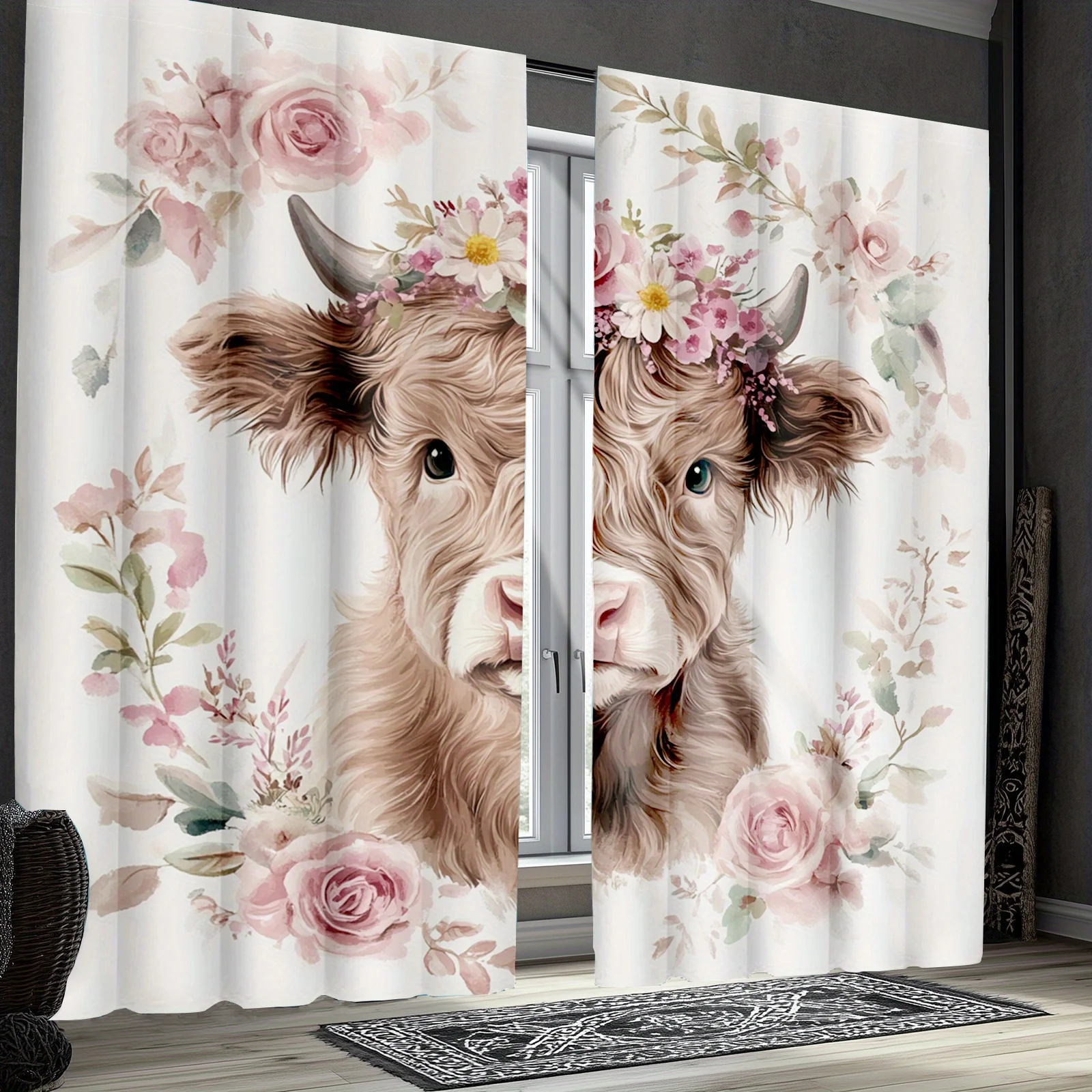 Cottagecore Floral Cow Watercolor Curtains 2pcs Pair Boho Pink Rose Nursery Window Drapes