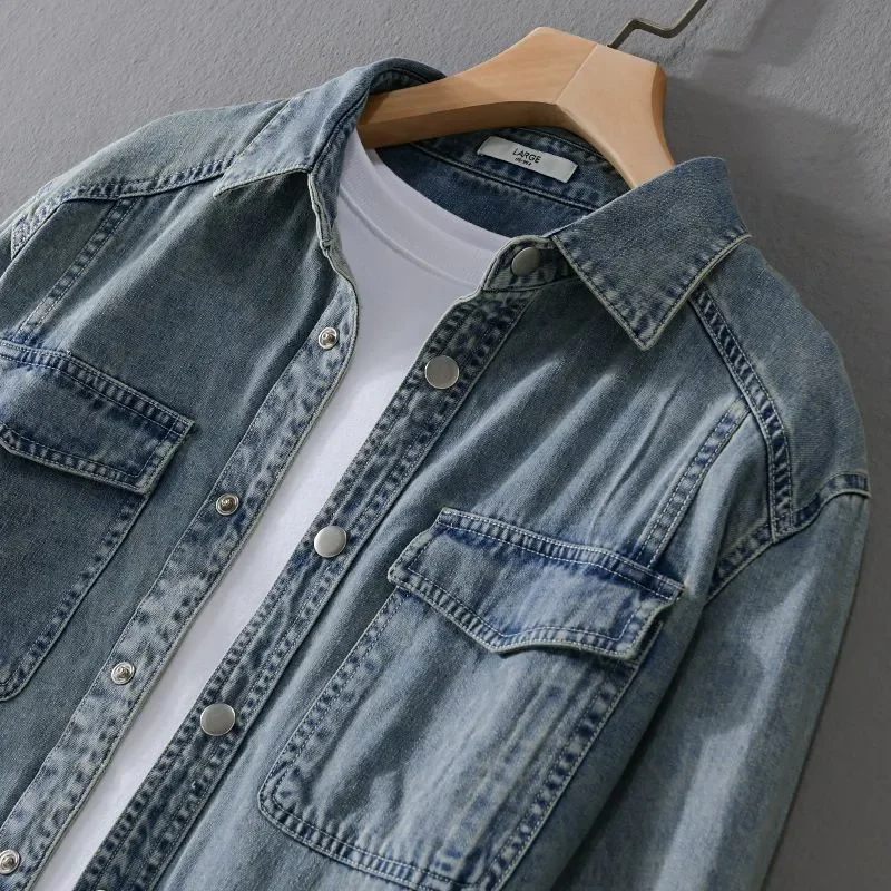 2026 Men's Retro Denim Shirt Long Sleeve Casual Autumn Winter Vintage Jean Top Trendy Streetwear shirts for men