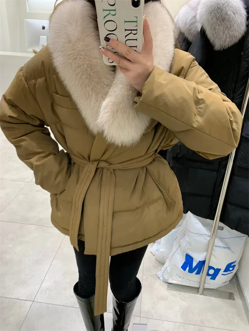 Real Fox Fur Collar Winter Women White Duck Down Short Jacket Belt Female Thick Warm Coat Luxury Slim Outerwear