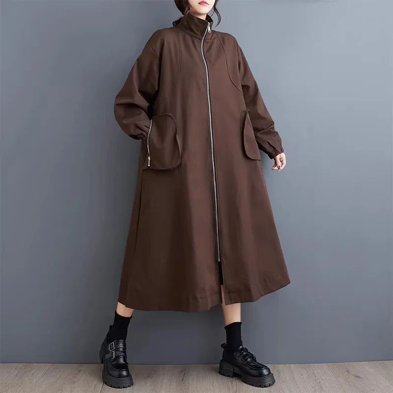 Artistic Casual Trench Coat for Women - Korean Oversized Style Mid-Length Windbreaker, Perfect Spring Autumn Zipper Jacket w1942